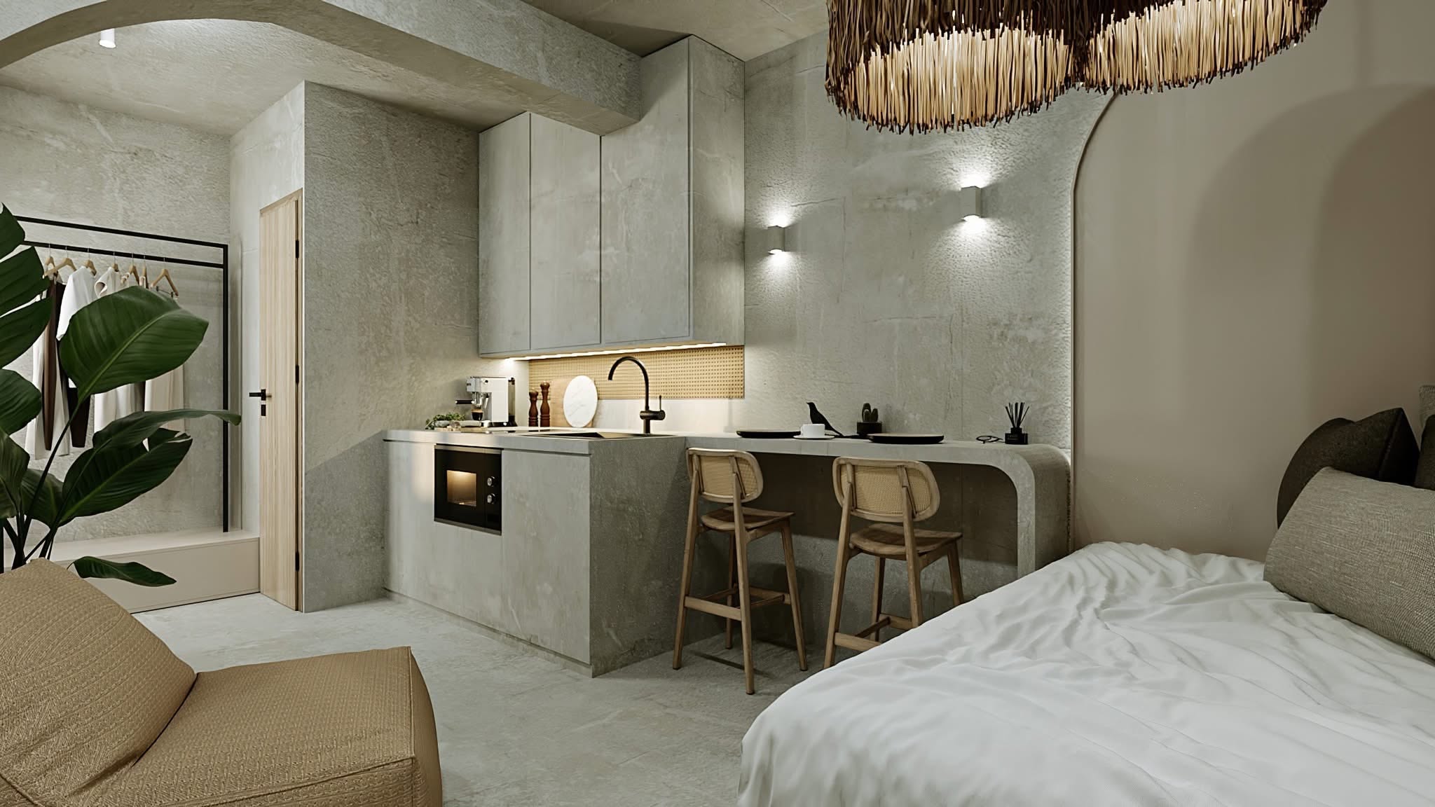 BLÉND interior — stone kitchen and dining