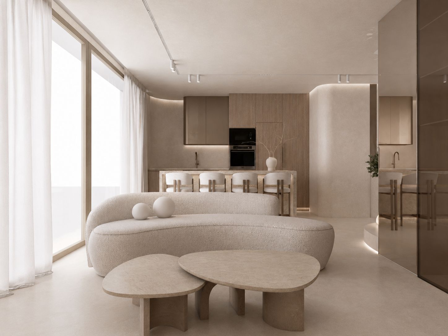 Residential kitchen and living space in Chalkidiki with pale timber