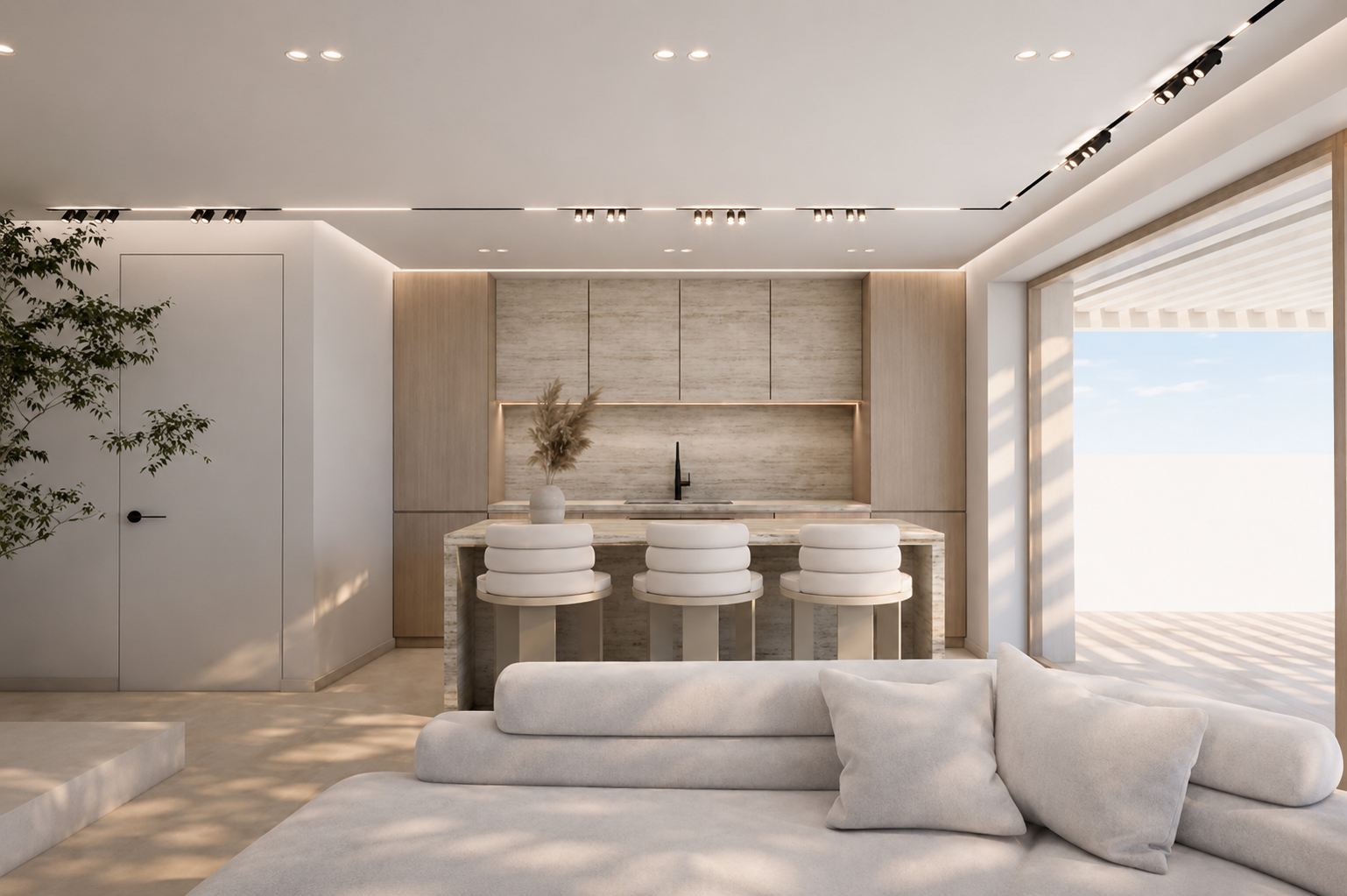 Residential interior in Thessaloniki with curved walls and layered lighting
