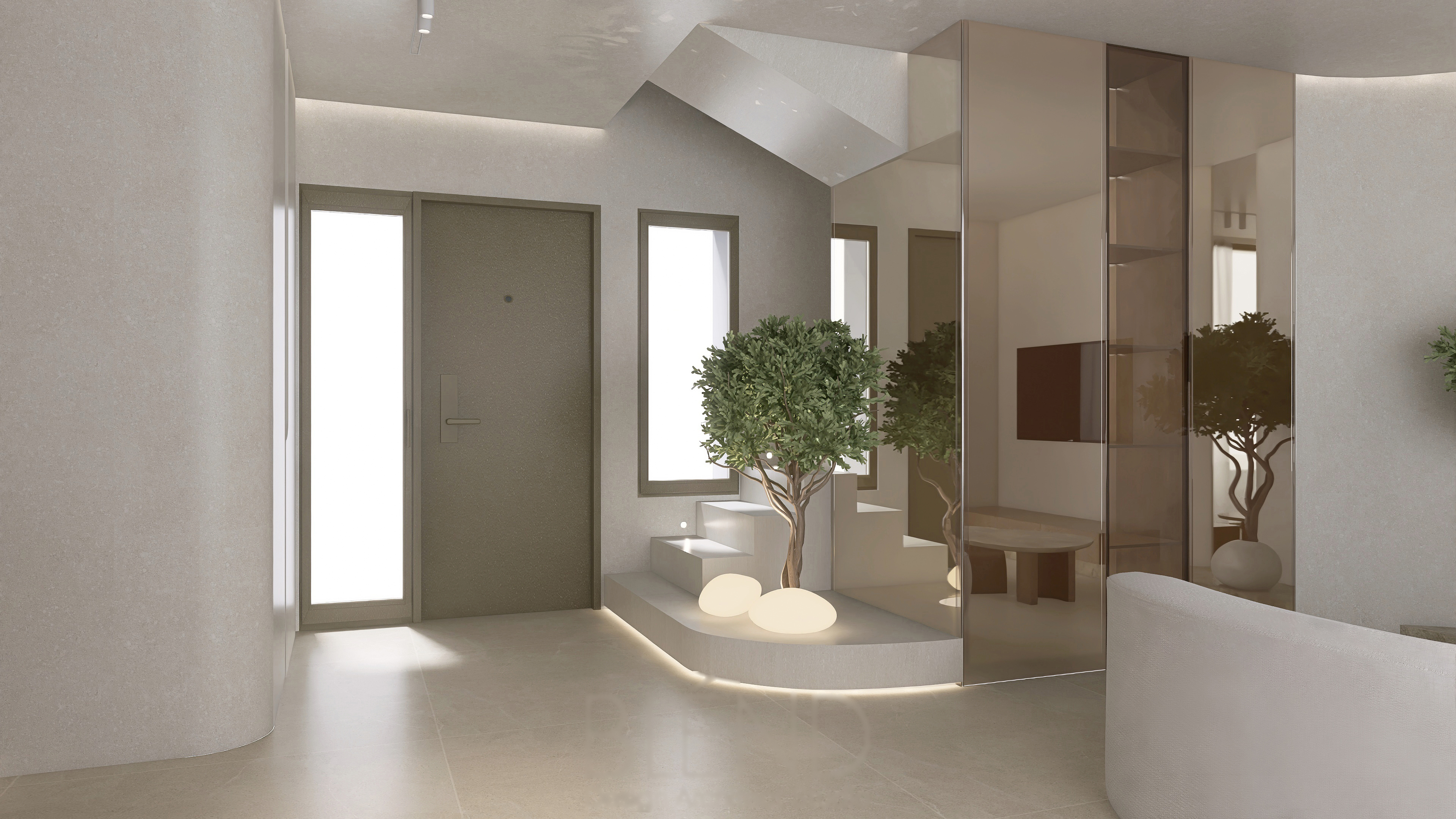 Layered entry foyer in Chalkidiki with stone, timber and greenery