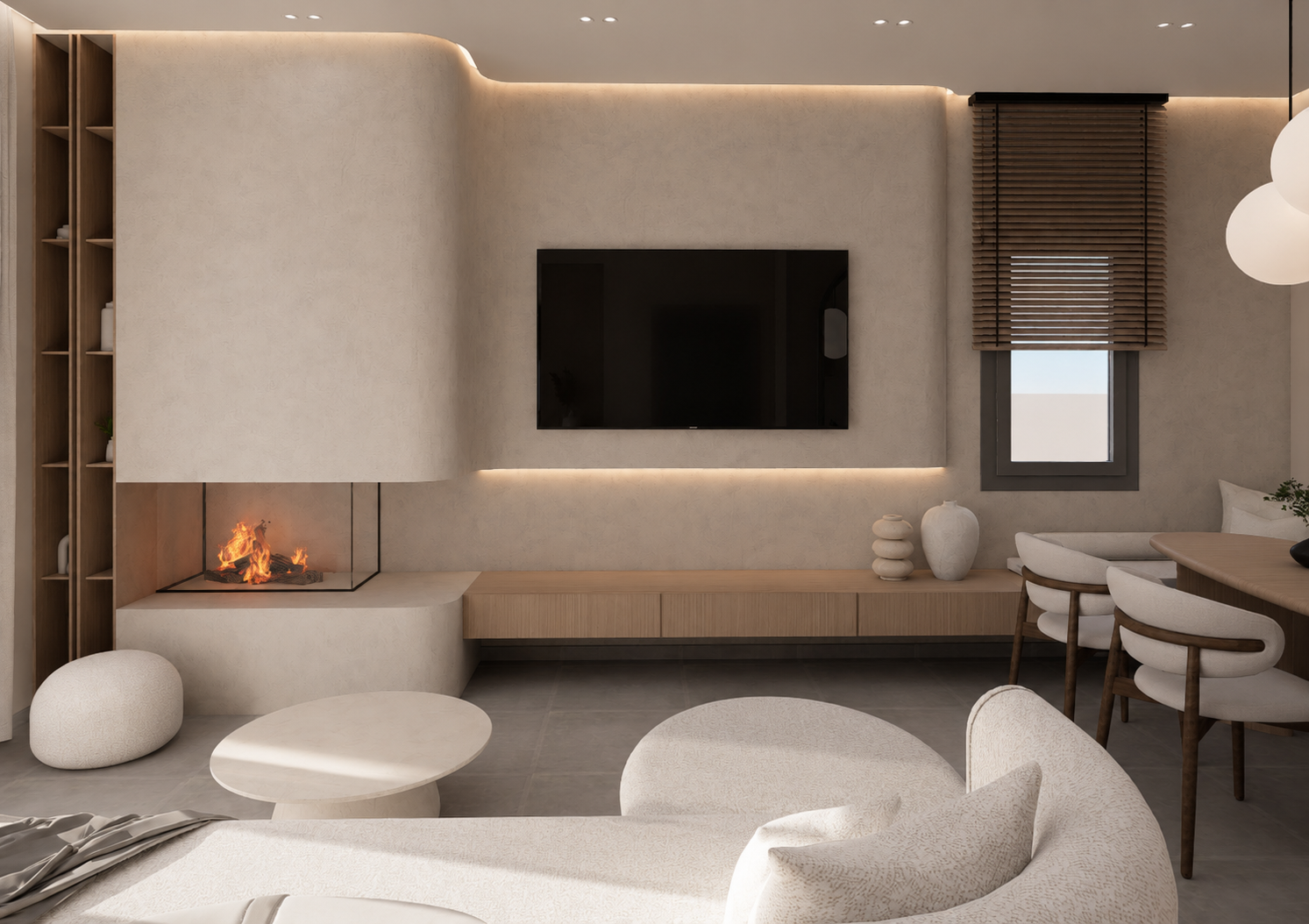 Residential living area in Thessaloniki with a sculptural hearth