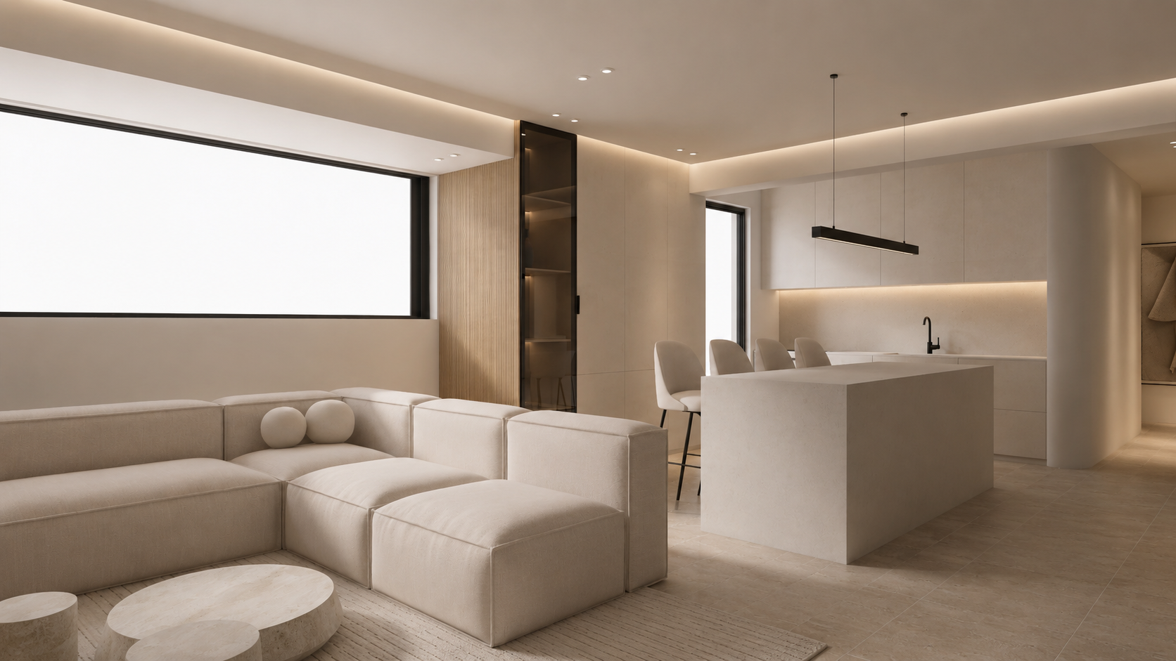 Open-plan residential living and kitchen in Thessaloniki with oak joinery