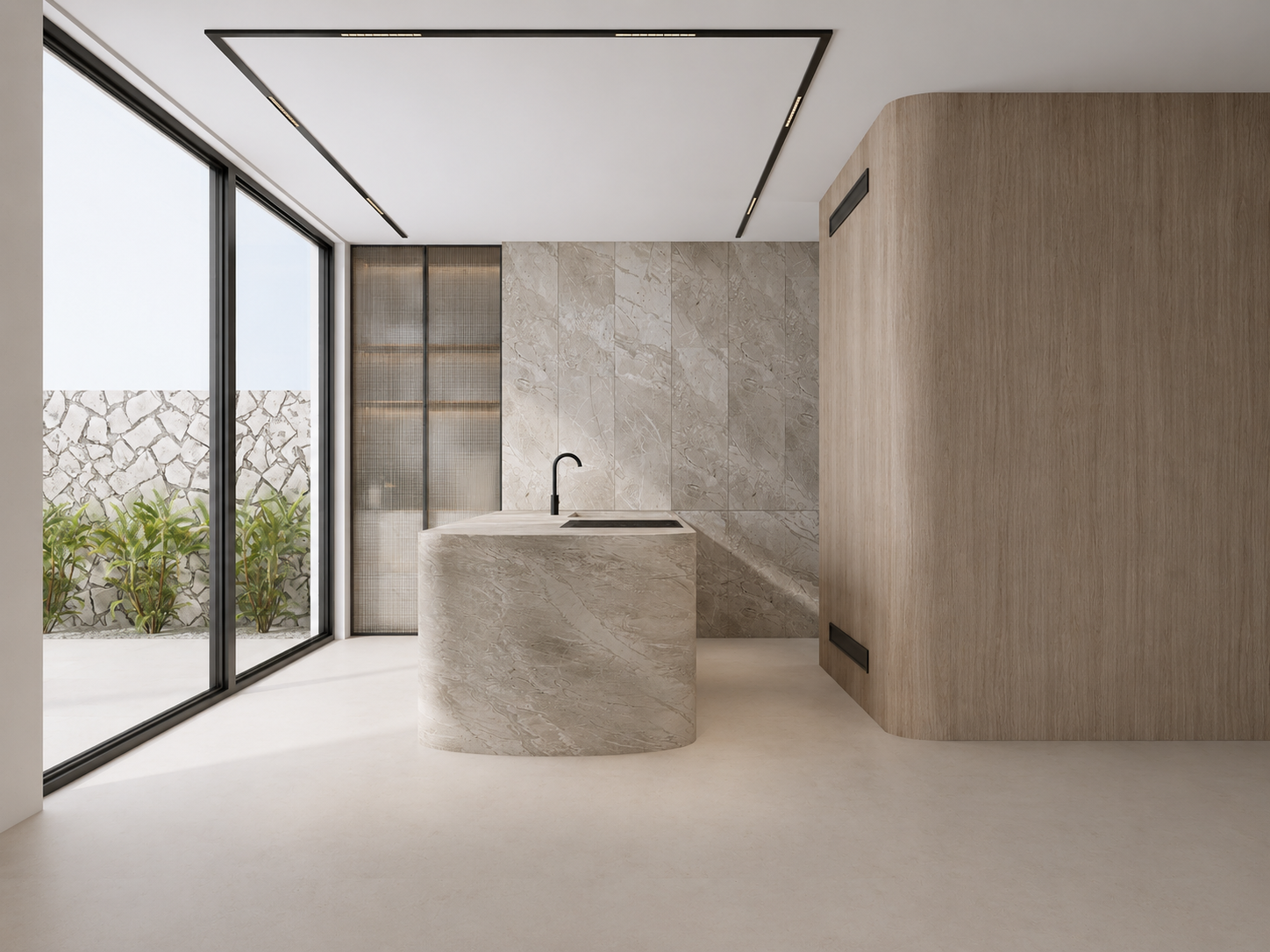 Residential interior in Thessaloniki with travertine surfaces and curved forms